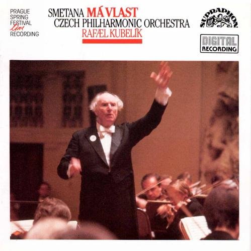 "CD cover with conductor Rafael Kubelik leading an orchestra, white background, red accents."