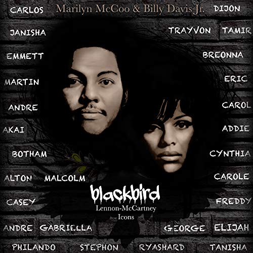 "CD cover with Marilyn McCoo and Billy Davis Jr. surrounded by names on a brick background."