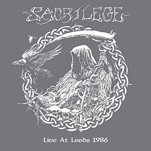 CD cover: Grim reaper with raven, Celtic knot border, text “Sacrilege”.