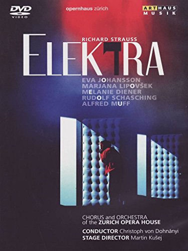 DVD cover for "Elektra" with a woman in red standing between three lit columns.