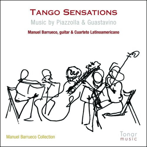 "Tango Sensations" CD cover featuring a black line drawing of musicians on a white background.