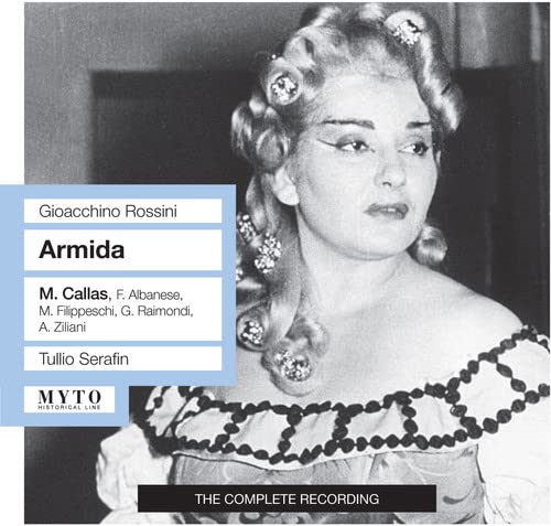 Black and white portrait of Maria Callas in opera costume, CD cover.