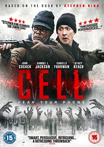 The DVD cover for "Cell" features two men holding guns, with reaching hands below.