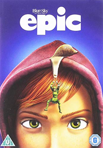 "DVD cover for 'Epic' featuring a girl's face with a small figure on her nose."