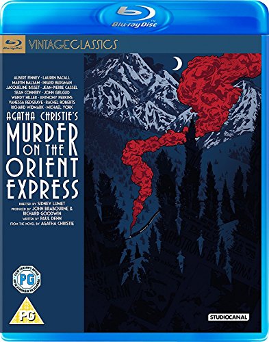 Murder on the Orient Express" Blu-ray cover with snowy mountains and red smoke.