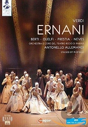 DVD cover for "Ernani" featuring performers in period costumes on a stage.