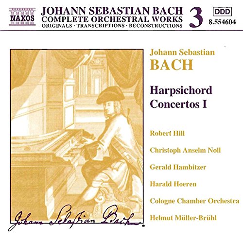 CD cover for Bach’s Harpsichord Concertos, Vol. 1, with a period illustration.