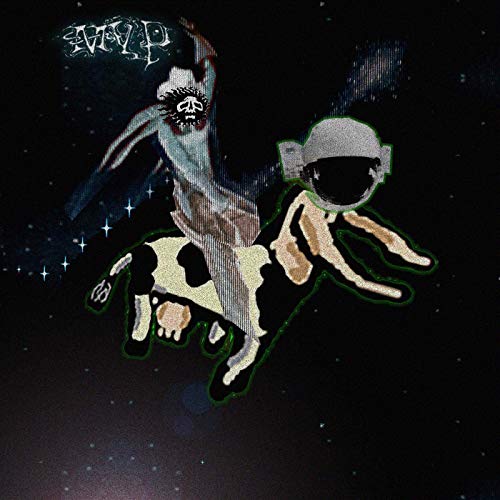 "Album cover art featuring an astronaut riding a cow in space."