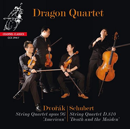 "CD cover featuring the Dragon Quartet musicians playing string instruments against a black background."