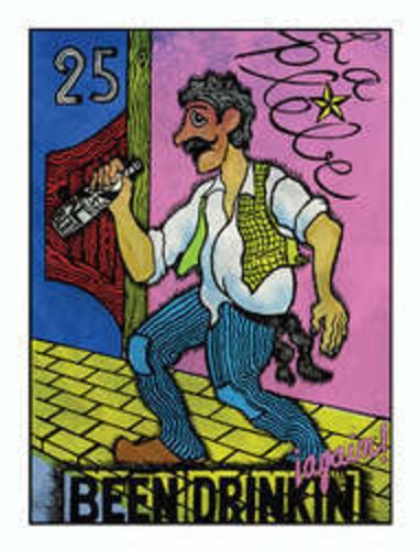 Vinyl record cover: illustrated man with a bottle, bright colors, text.