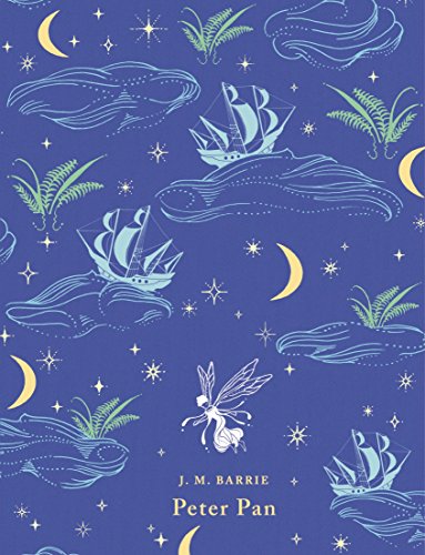 "Blue book cover with fairy, ships, and stars, featuring 'Peter Pan' by J.M. Barrie."