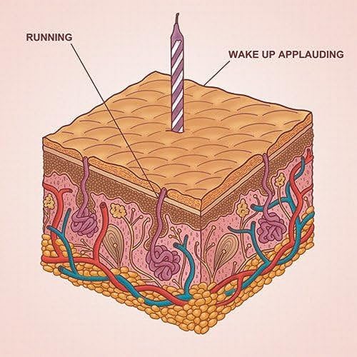 Diagram of skin layers with a birthday candle on top.