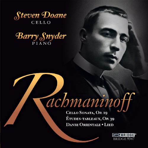 "CD cover featuring a black-and-white portrait of Rachmaninoff with gold and white text."
