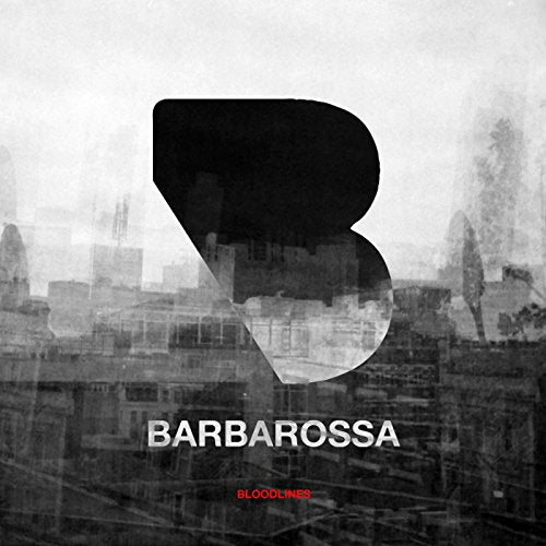 Black "B" shape over blurred cityscape, text "Barbarossa Bloodlines" below.
