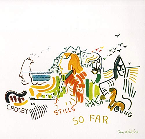 "Colorful abstract album cover with 'Crosby, Stills, Nash & Young - So Far' text and illustration."