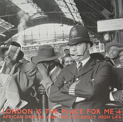 Black and white photograph of men at a train station with red text overlay.