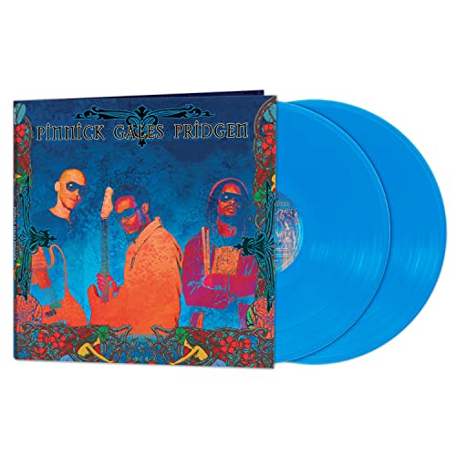 Blue vinyl record set with album cover featuring three musicians.