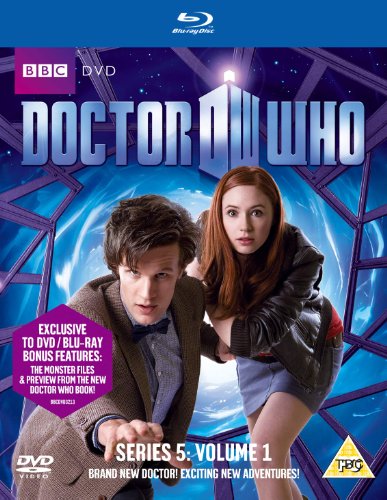 "Doctor Who Blu-ray cover featuring Matt Smith and Karen Gillan in a blue-toned futuristic scene."