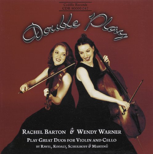 "CD cover featuring two women in black playing violin and cello against red background."
