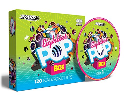 Colorful karaoke box set with "Eighties Pop" theme and included CD.