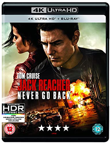 “Jack Reacher: Never Go Back” UHD Blu-ray cover featuring Tom Cruise and explosions.