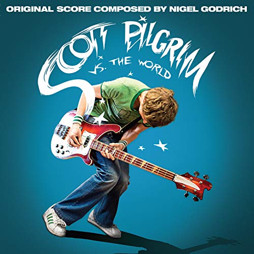 Scott Pilgrim album cover featuring a young man playing a red bass guitar.