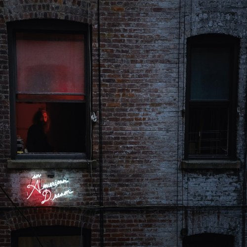 The image depicts a brick building with two windows, one of which is illuminated and features a neon sign. The building's facade is constructed from red bricks, with a window on the left side that has a neon sign in the bottom-left corner. The sign reads "an American Dream" in white cursive letters. A person is visible inside the window, although their features are not discernible due to the distance. * The building is made of red bricks. * The bricks are arranged