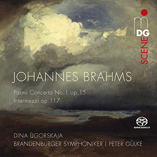 CD cover featuring a cloudy sky with text listing Brahms' musical compositions.