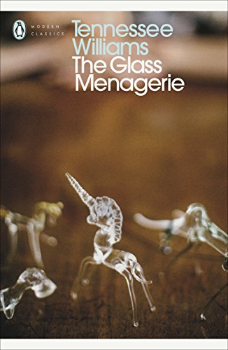 "Book cover with 'The Glass Menagerie' title and glass figurines on a brown background."