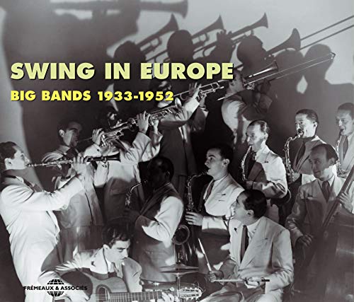 Vintage photograph of a European big band playing brass and string instruments.