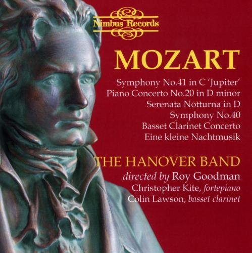 A Mozart CD cover with a bust of Mozart on a red background.
