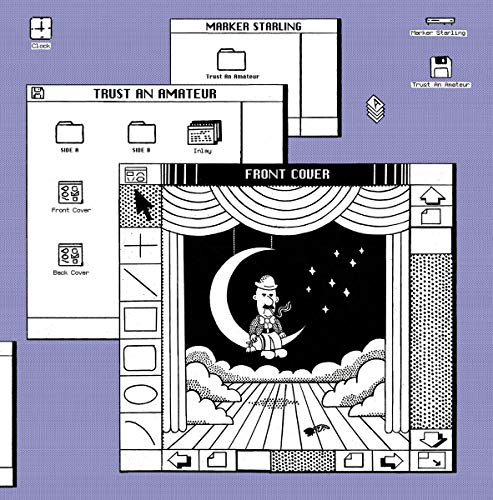 A vinyl record cover featuring a man on a crescent moon, surrounded by editing software.