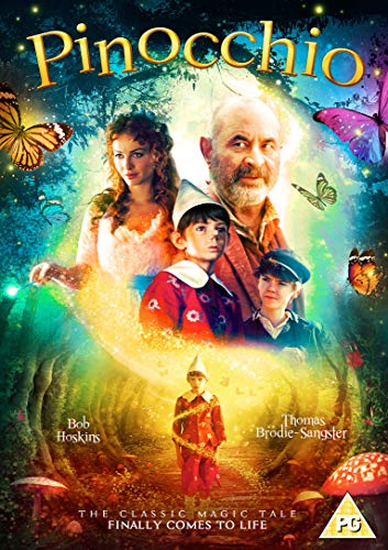 "Pinocchio DVD cover featuring main characters in a whimsical forest scene."