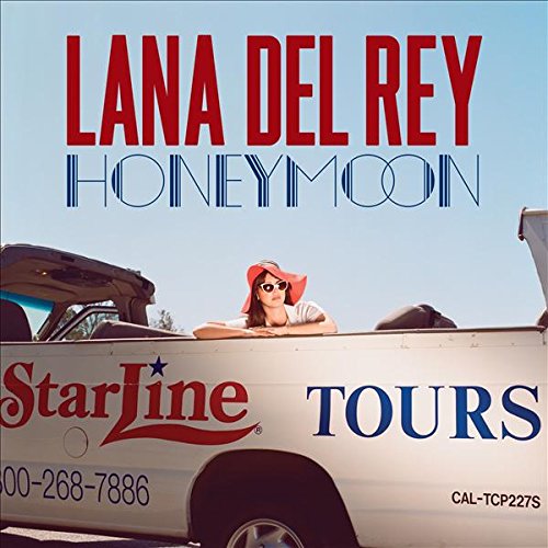 "Lana Del Rey's 'Honeymoon' vinyl album cover featuring a woman in a white pickup truck."