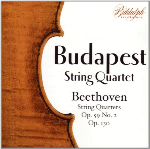 CD cover featuring a violin scroll and text: Budapest String Quartet, Beethoven.
