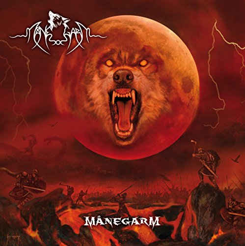 "Album cover featuring a snarling bear's head against a red moon, with battle scene below."