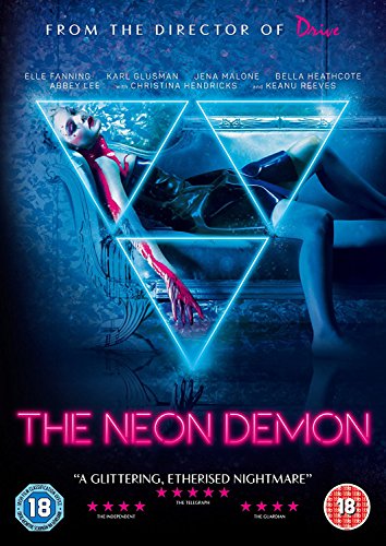 DVD cover for "The Neon Demon" featuring a girl in a red dress underwater.