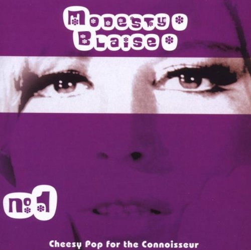 CD cover for “Modesty Blaise” featuring close-up eyes and purple background.