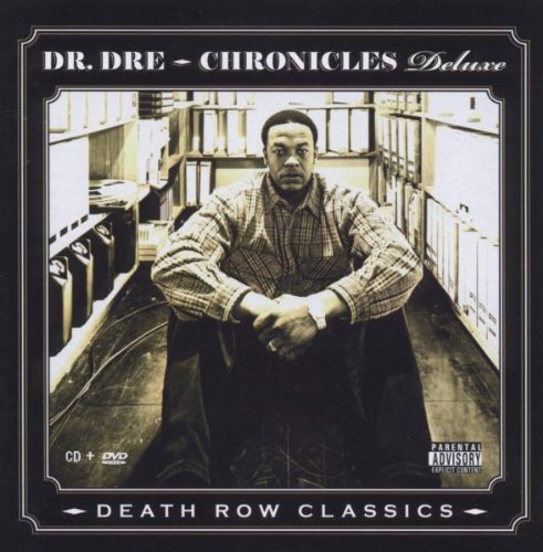 "CD cover with Dr. Dre sitting on stairs, wearing plaid shirt, in black and white."