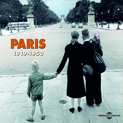 A black and white image of a family on a Parisian street with orange text overlay.