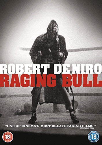 "Black and white DVD cover featuring Robert De Niro as a boxer."