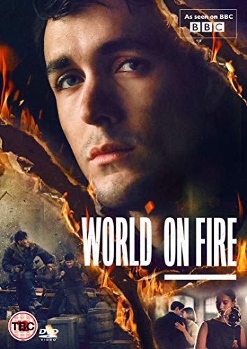 DVD cover for "World On Fire" with a man surrounded by flames and war scenes.