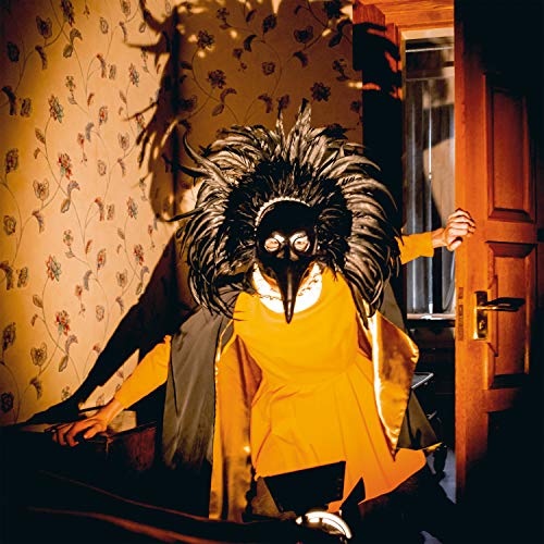 Person in a black feathered crow mask and yellow clothing.