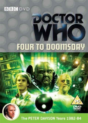 "Doctor Who: Four To Doomsday DVD cover featuring characters and a green background."