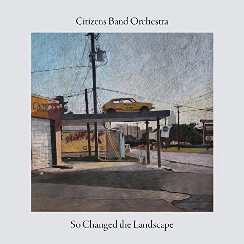CD cover: painted landscape with a car on a building roof.