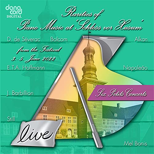 CD cover featuring a castle, piano keys, and text about piano music.