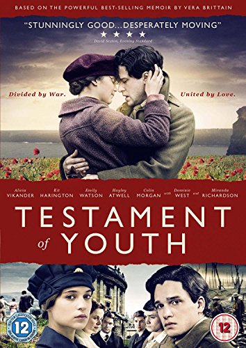 DVD cover for "Testament of Youth" showing embracing couple and war-era scenes.