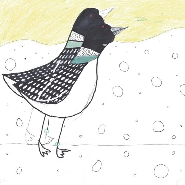 Hand-drawn black and white loon swimming in pale blue water.