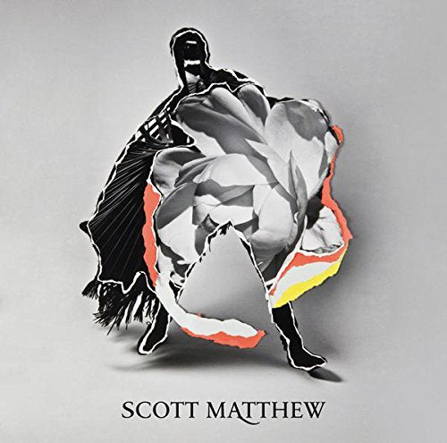 "Album cover with a black and white illustration of a person, with colourful accents."