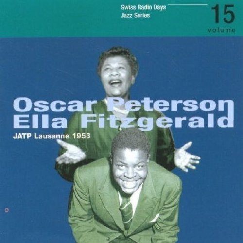 "CD cover featuring Oscar Peterson and Ella Fitzgerald against a blue background."